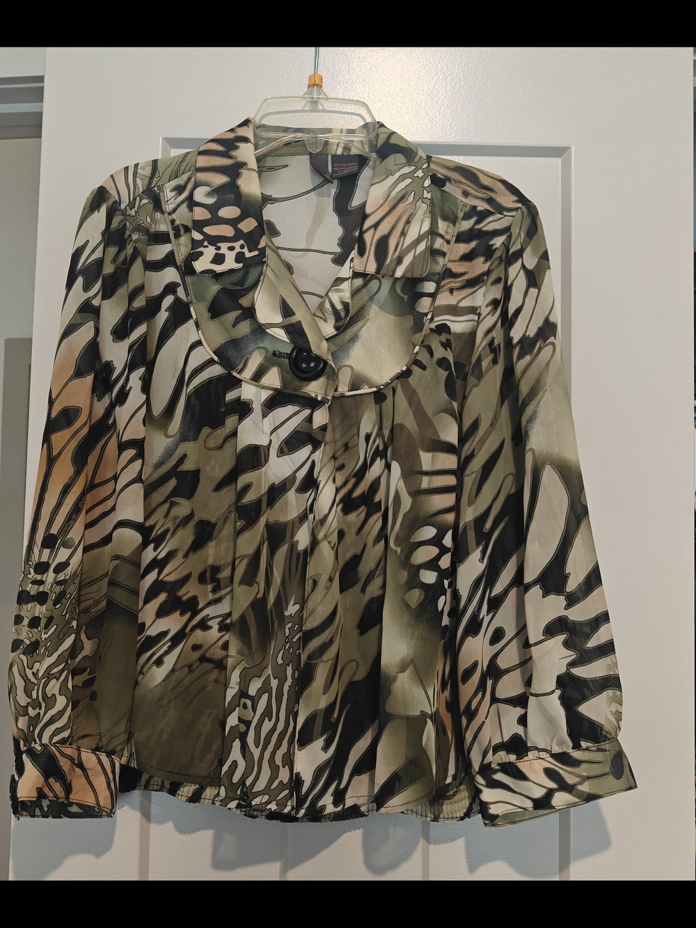 Abstract Olive & Cream Button-Front Blouse with Single Accent Button